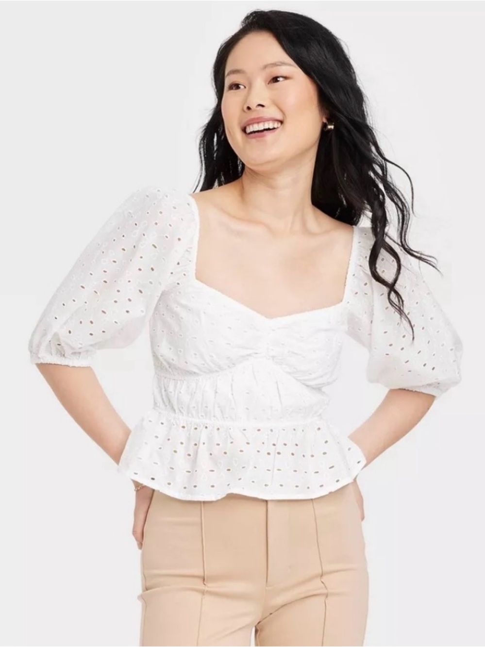 White Eyelet Peplum Puff-Sleeve Top - Women